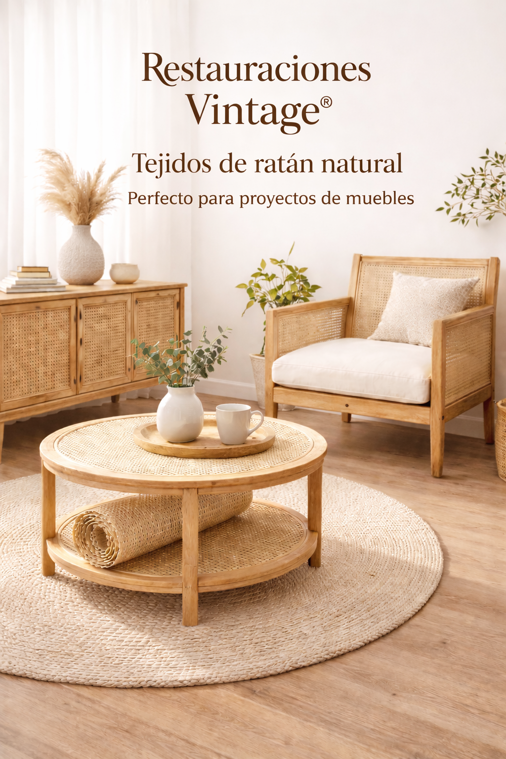 Ambiente minimalista con muebles de ratán natural: silla, mesa y aparador elaborados con tejido de ratán Restauraciones Vintage®, ideal para proyectos de restauración y decoración.